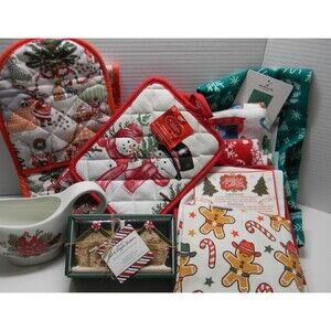 Lot of Christmas Kitchen Decor Towels Salt Pepper Gravy Boat All New Unused